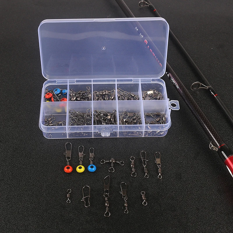 Box Of 115 Fishing Connector Swivels Boxed Pins Center Pass Swivels Sea Bean Bass Trout Fishing Accessories