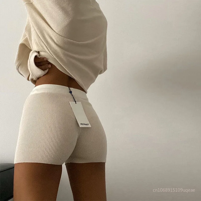 Summer Knit Shorts Cotton White Women Casual Mini Black  High Waist Ribber Streetwear Basic Biker Shorts High Stretched