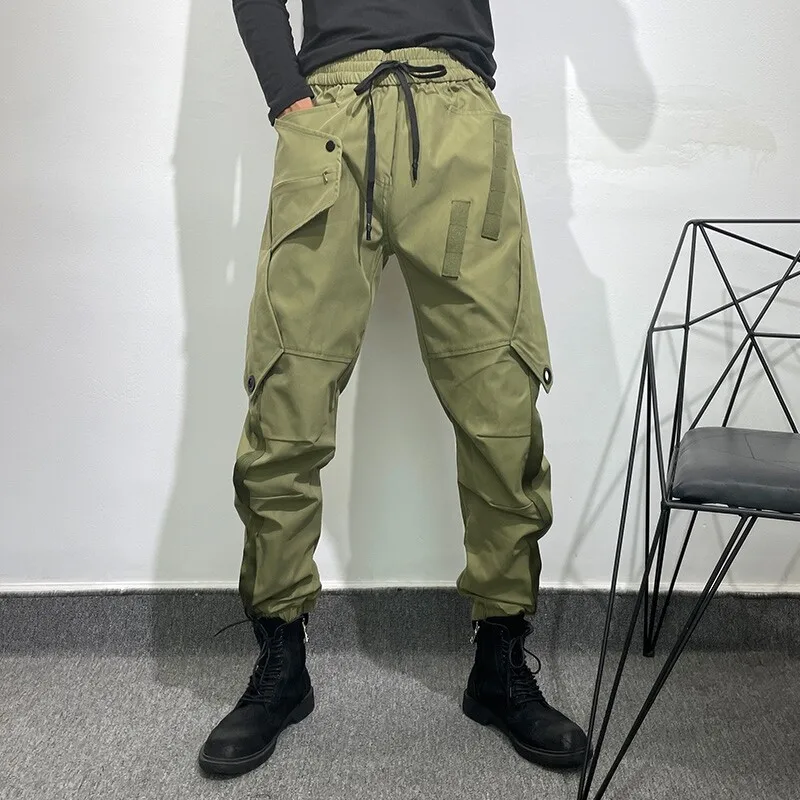 Avant-Garde Dark Series Retro Punk Stitching Loose Tappered Overalls Street Style Solid Color Multi-Pocket Casual Trousers