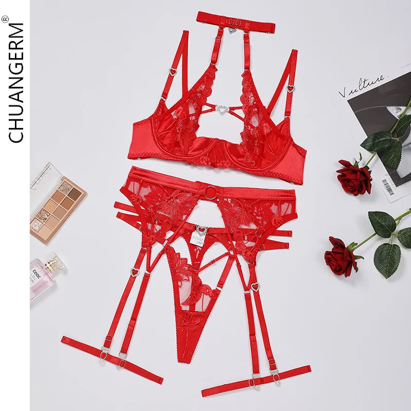 

CHUANGERM Sexy Lace Erotic Lingerie Sensual Fairy Underwear Halter Bra Hollow Thong Delicate Luxury Exotic Set Sissy Outfit 4pcs