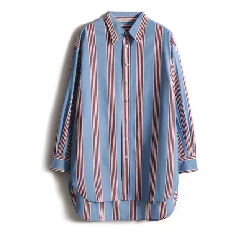 Fashion Printed Lapel Irregular Striped Shirt Female Clothing 2023 Autumn New Oversized Casual Tops Asymmetrical Blouse