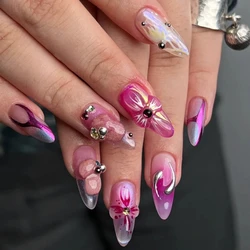 10Pcs Handmade Manicure Medium Almond Fake Nails New 3D Flower Limited Nails Press On Nails Design with Adhesive Nail File Set