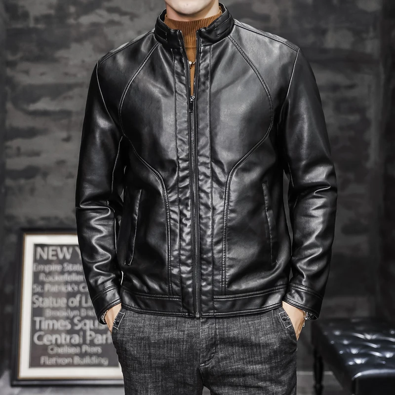 New Men's Korean Style Slim Stand Collar Long Sleeve PU Leather Jacket Jacket Motorcycle Men's Jacket 2023 Autumn