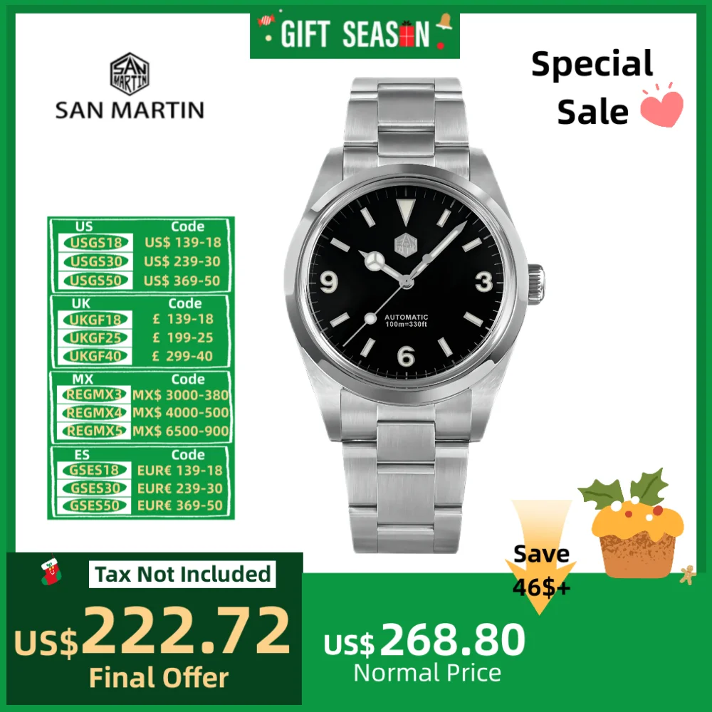 San Martin Men Watch Automatic Mechanical 39mm 369 Explore Waterproof Watch Luxury Sapphire Lume Relogio Masculino SN0020-2/3/4