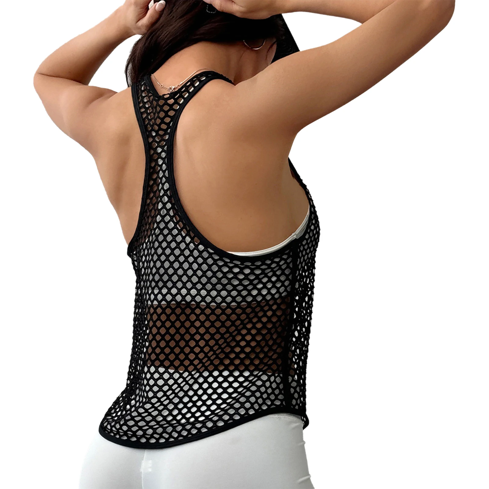Top da yoga da donna Canotta da allenamento con retro scollato in rete scavata Canotta sportiva da allenamento senza maniche con scollo a U Gilet sportivo traspirante