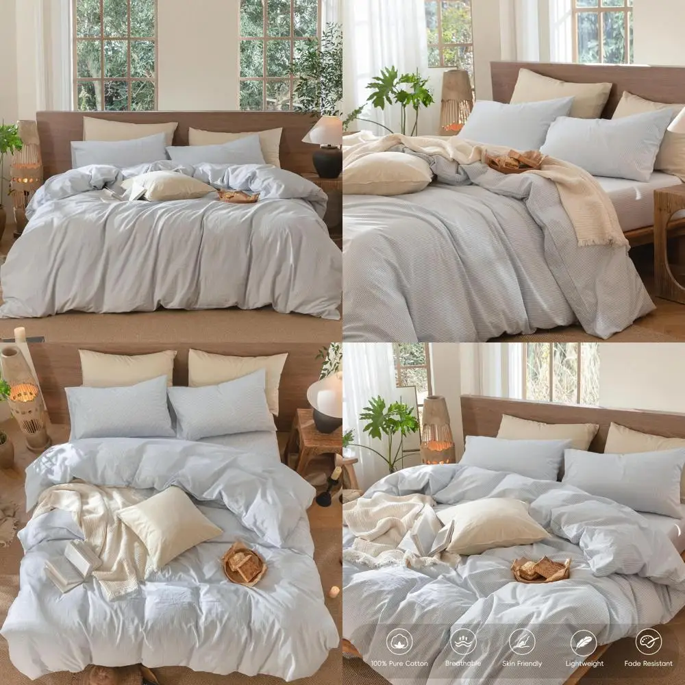 

Комплект пододеяльников из 100% хлопка и стираного льна — дышащий, прочный, мягкий и удобный — василек синего и белого цвета в тонкую полоску