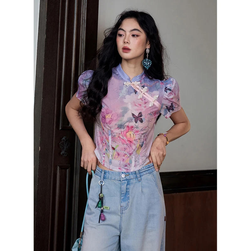 ELFSACK Floral Butterfly Print New Chinese Style T-Shirt,  Frog Button Waist-Cinched Top, Sweet Casual Daily Shirt for Women
