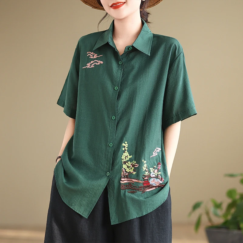 2024 Women\'s New Summer Fashion Loose Casual Versatile Turn-down Collar Heavy Industry Embroidered Short Sleeved Shirt Tops