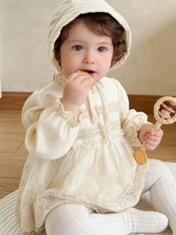 

Cute baby girl plaid lace small skirt Solid long sleeve khai skirt bag fart jumpsuit autumn baby basic Clothing Rompers