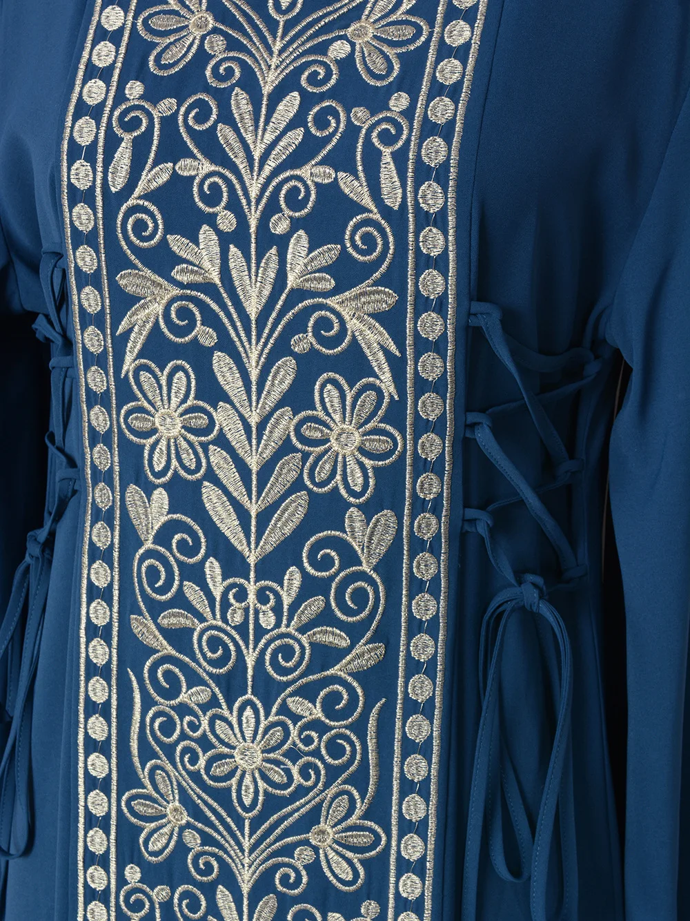 Classic Embroidery Blue Women Jalabiya Arabic Dress Modest Muslim Abaya-Square Neckline, Long Sleeve Elastic Cuff, Side Lace Up