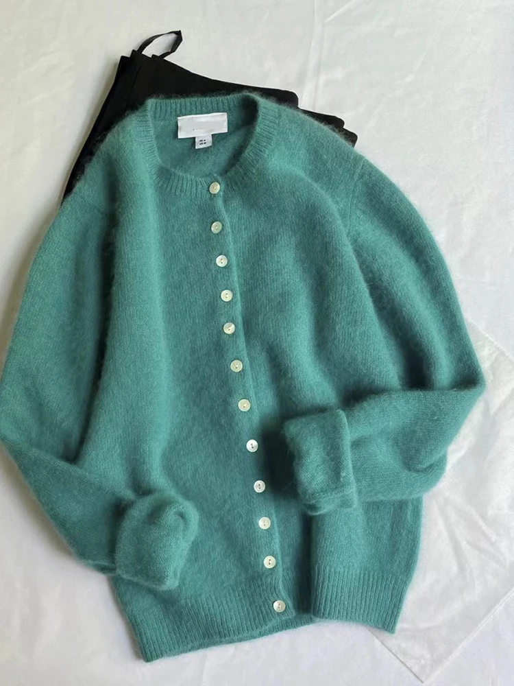 เสื้อคลุมคาร์ดิแกนไหมพรมผู้หญิงแฟชั่นฤดูใบไม้ร่วง กระดุมแถวเดียว คอทรงโอ สไตล์เกาหลี เรียบง่าย ทรงเข้ารูป แขนยาว