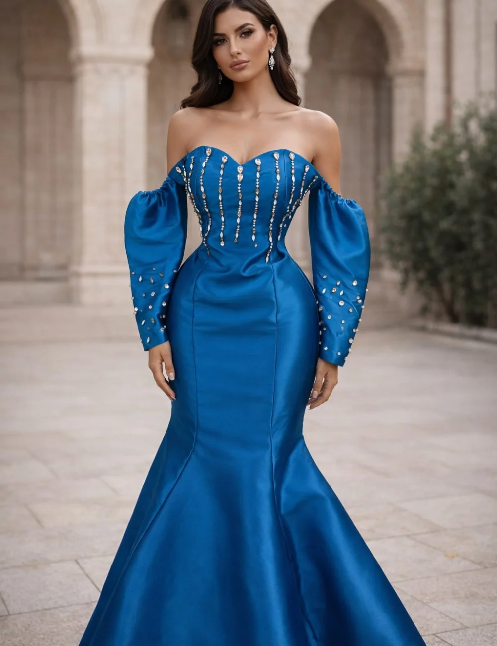 

Customized Sparkle Charmeuse Pleat Sequined Trumpet Off-the-shoulder Long Bespoke Occasion Prom Dresses Chinese Style