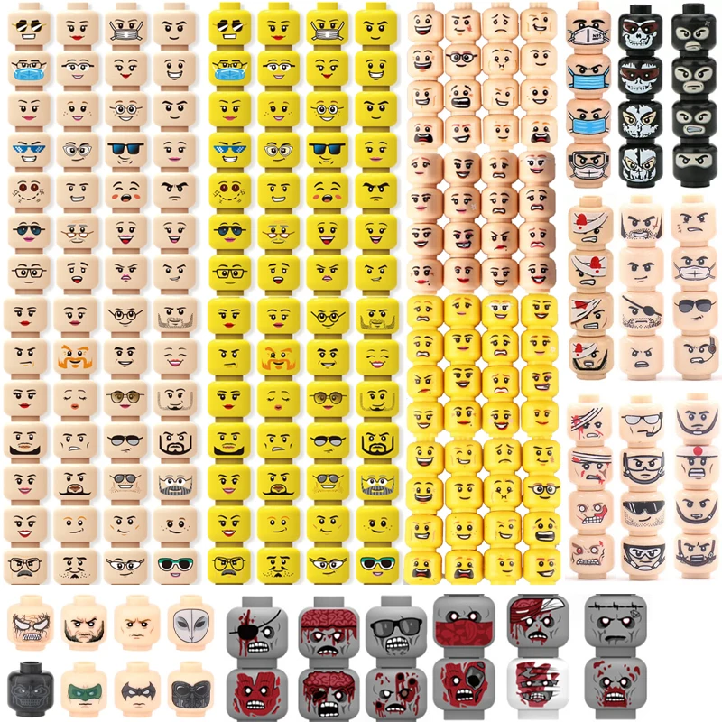 

MOC Figures Accessories Head Building Blocks Soldier Injured Expression Doctor Zombie Hero Head Parts Mini Bricks Toys Kids Gift