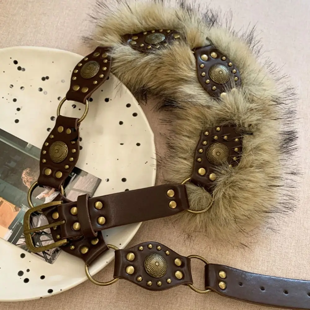 

Simple PU Leather Leather Fur Belt Spicy Girl Style Faux Fur Plush Belt Retro Korean Style Y2K Waistband Dress Decoration