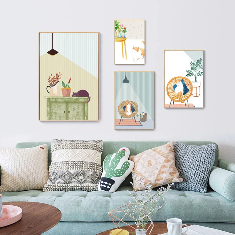 Cartoon Style Simplicity Morandi Oil Painting Cat Unframed Canvas Painting Posters For Living Room Bedroom Home Wall Art Decor