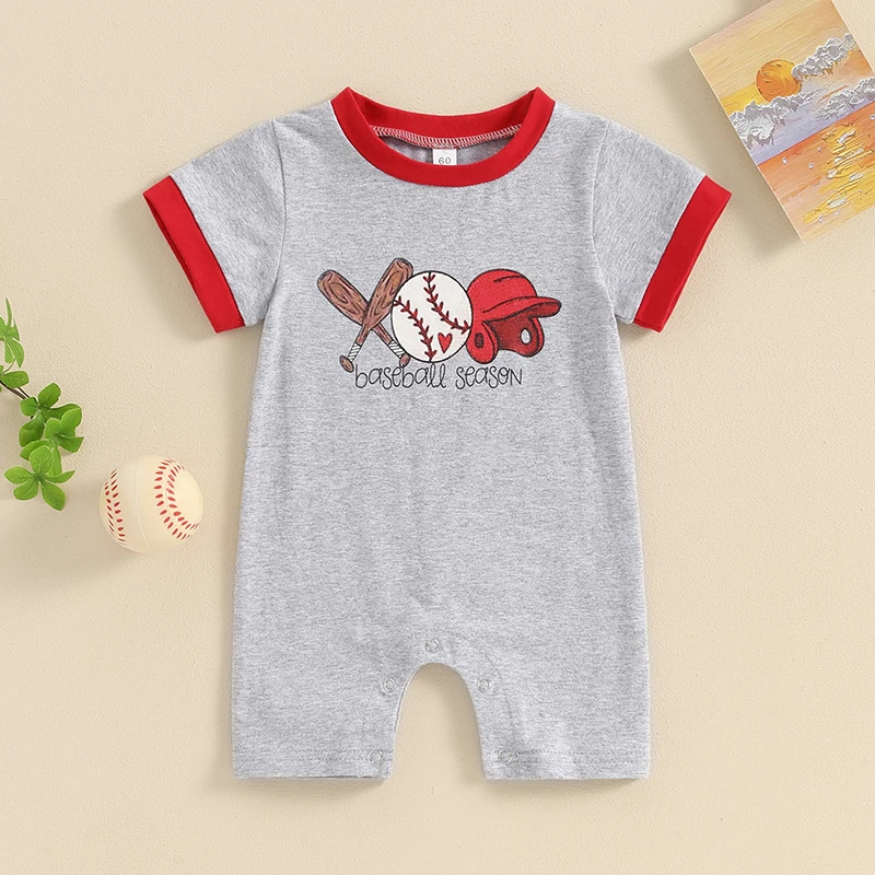 Infant Baby Boys Summer Romper Short Sleeve Crew Neck Baseball Print Casual Jumpsuit