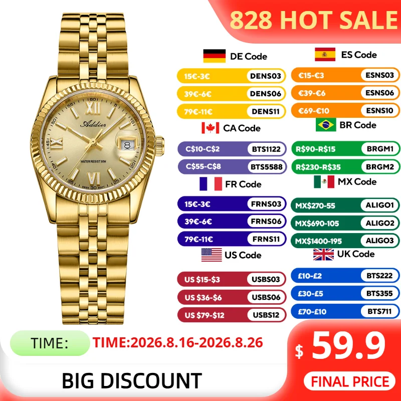 ADDIES Woman Quartz Wristwatch Luxury Sapphire Crystal 5Bar Waterproof BGW9 Super Luminous Fashion Dress Ladies Watch 2026 New