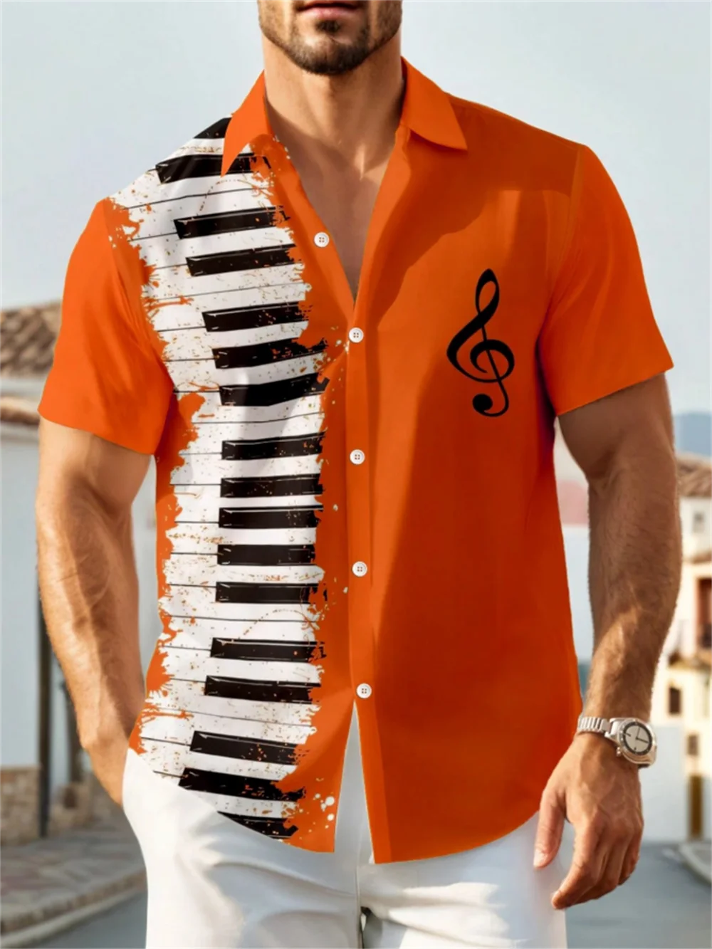 Wealthy men's shirt with piano design, short sleeved shirt, comfortable and soft, daily vacation men's clothing