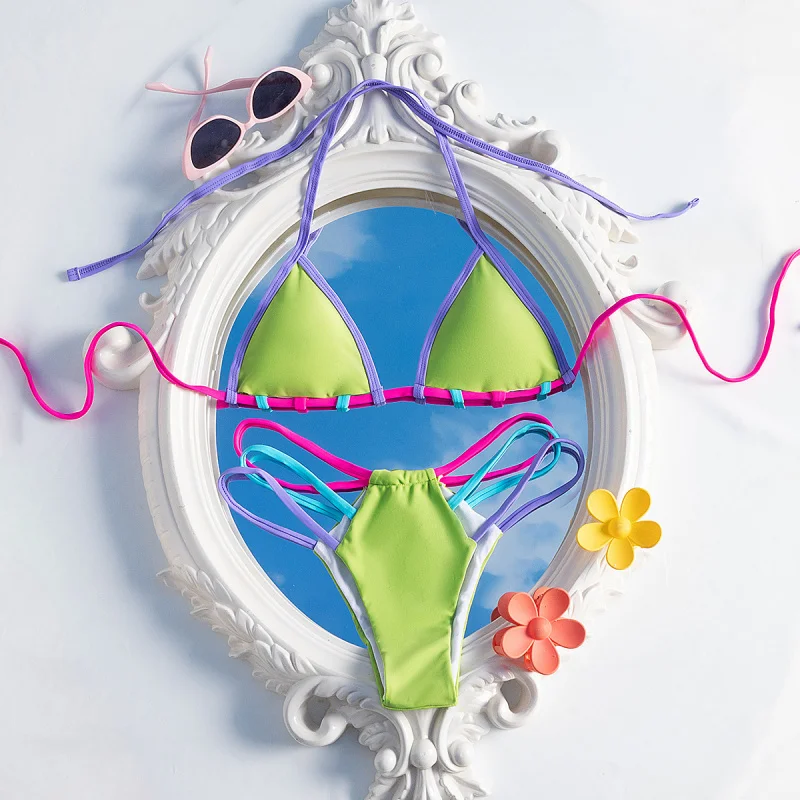 Bikini2025New In-Stock Swimwear for Women Colorful Two-Piece Triangle Cup Contrast SwimsuitbikiniSpot Goods