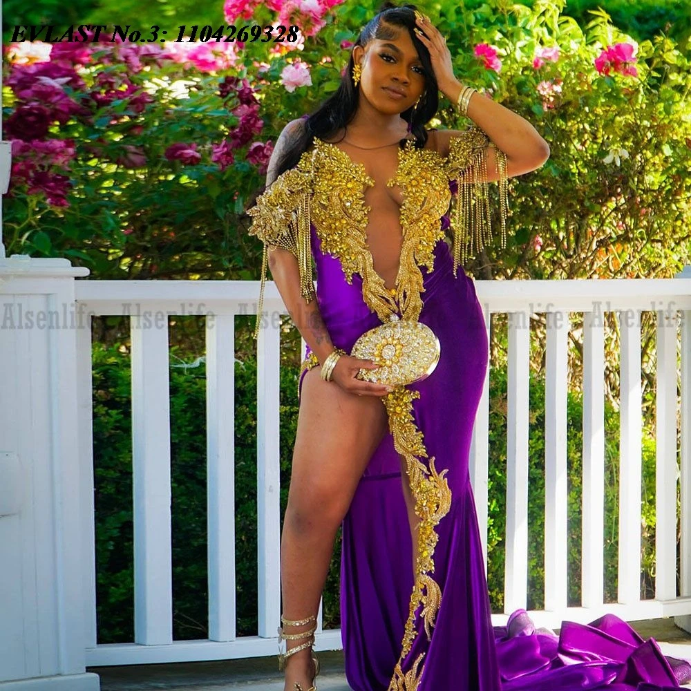 EVLAST Angepasst Afrikanische Lila Aso Ebi Meerjungfrau Prom Kleid Hohe Schlitz Gold Spitze Applique Abendkleid Robe De Soirée E3P521