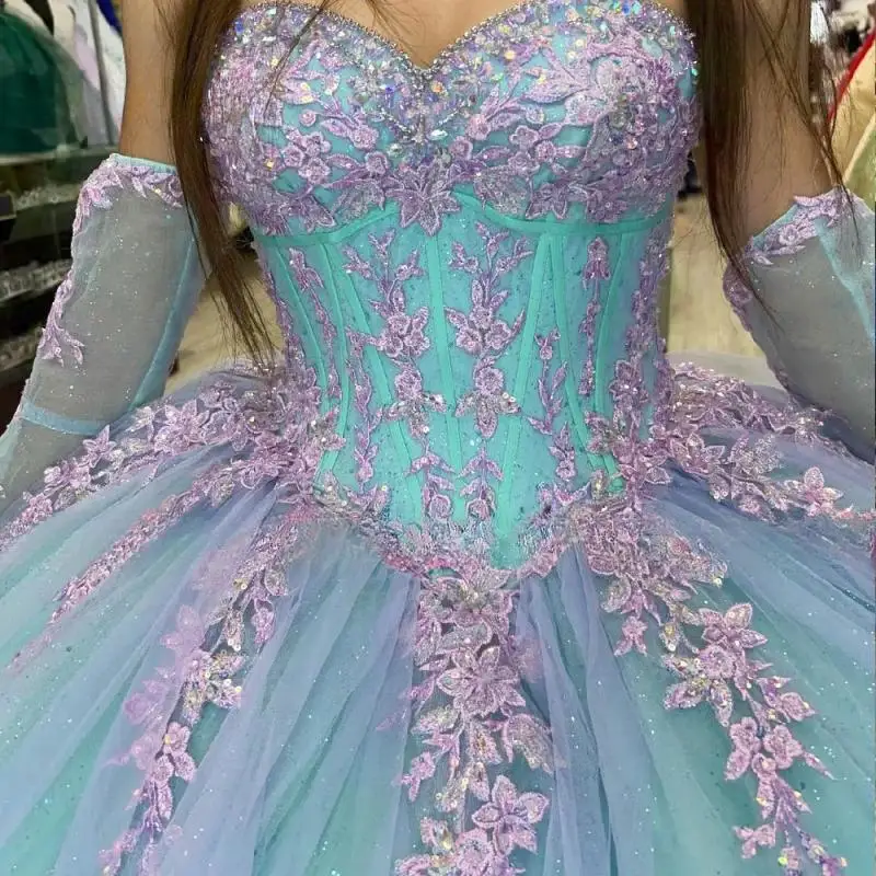 Blue Detachable Sleeves Quinceanrea Dresses 2025 Lace Applique Prom Dress Sweet 15 16 Birthday Princess Miss Pageant Gowns Gala