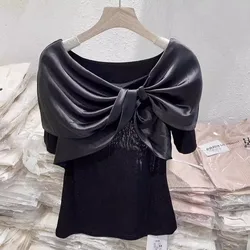 2024 Summer New Bow Splice t-Shirt per donna manica corta Design unico Sense top donna Trendy Black Elegant Slim Tees Shirt