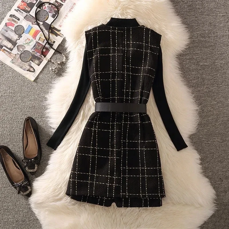 Vintage Design Plaid Tweed 3 pezzi Set donna elegante gilet di media lunghezza con cintura + pantaloncini pantalone + maglione lavorato a maglia