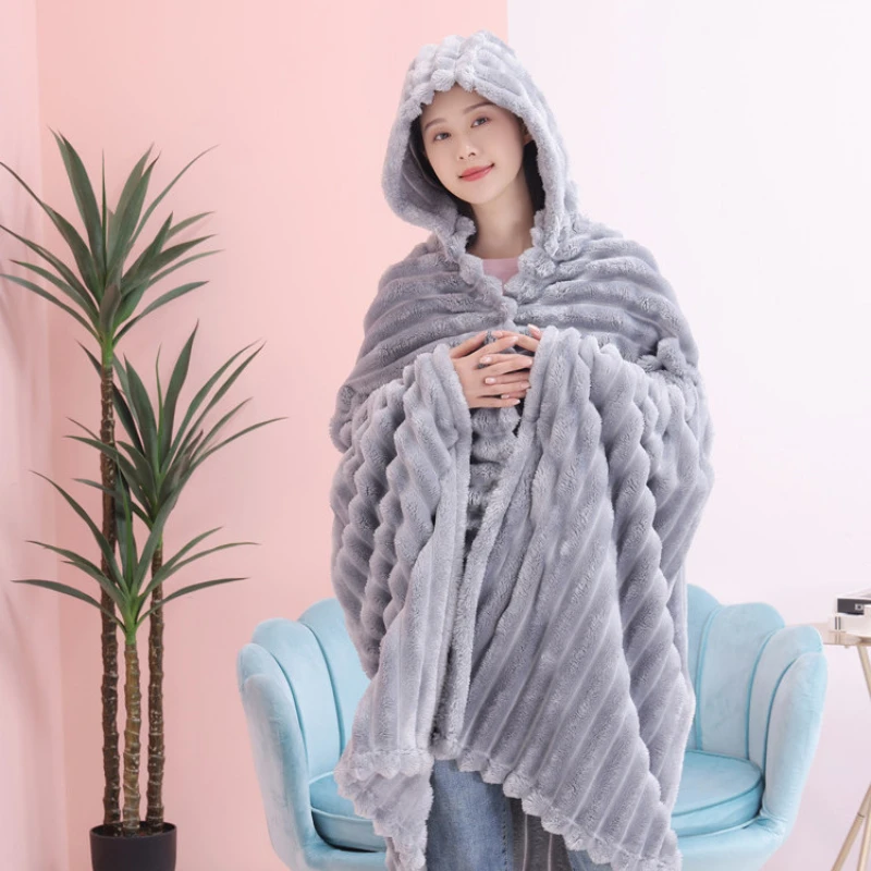 

Solid color thickened nap blanket student shawl with hat cape blanket office air conditioning blanket all-season universal cape