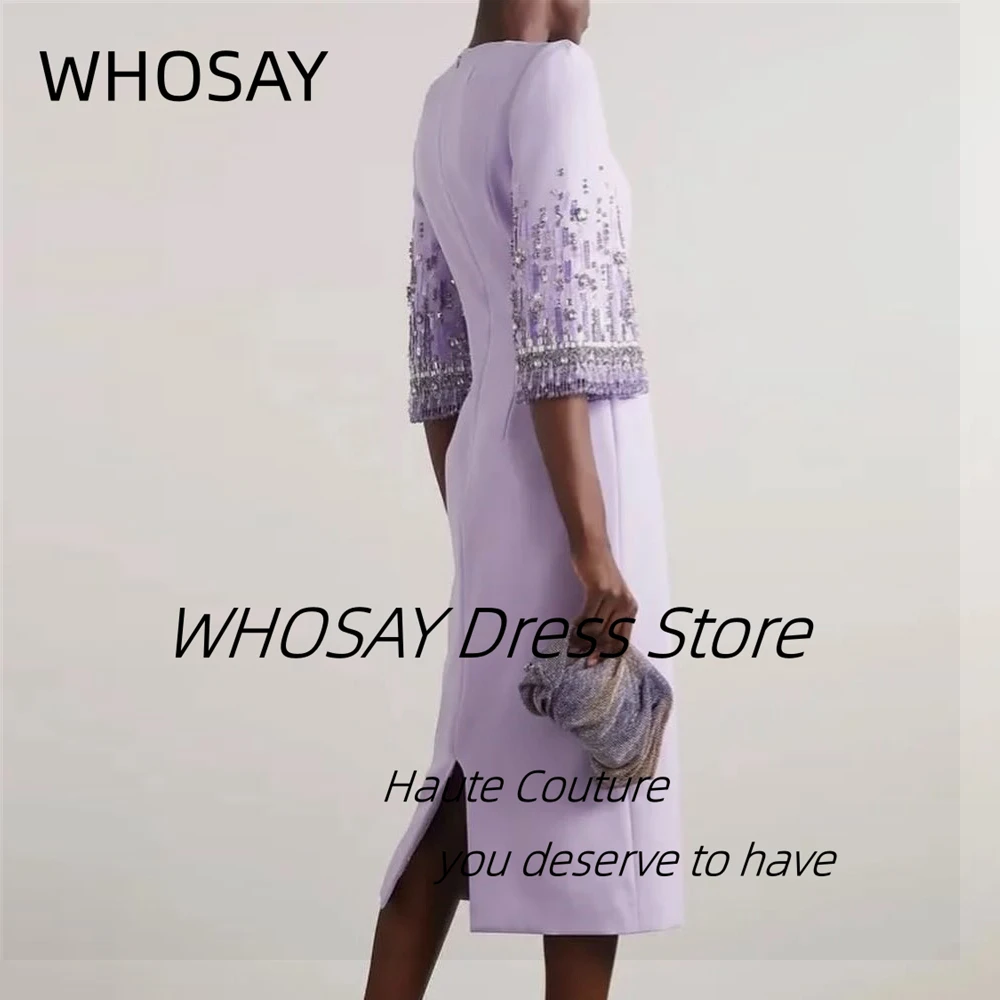 WHOSAY Medium Length Dresses for Prom Party Crew Neck Beading Long Sleeves Evening Gown Zipper Back Birthday Party Holiday Dress