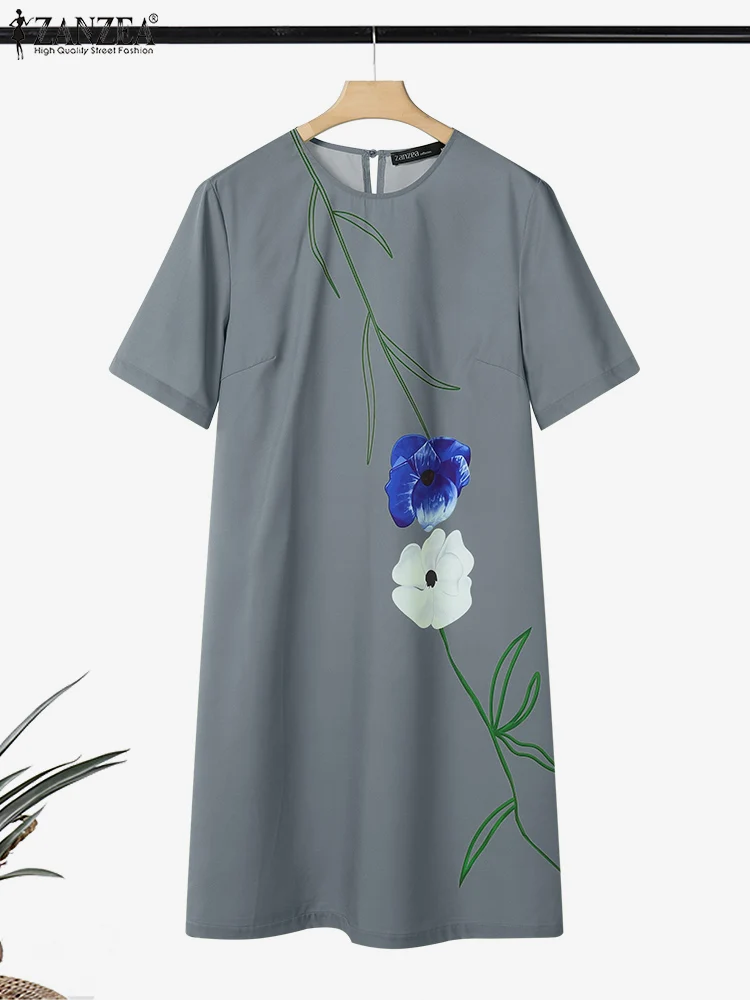ZANZEA Flower Printing Day Wear Knee-Length Dresses Summer O-Neck Short Sleeve Womens T-Shirt Robes Femme Casual Short Vestidos