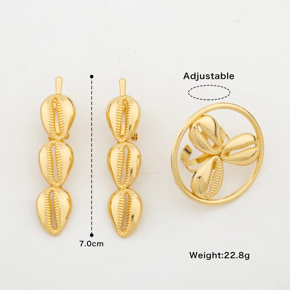 Damen 18K vergoldetes Muschel-Ohrring- und Ring-Set, afrikanisches ethnisches Statement-Schmuckset, Geschenk für Party und Hochzeit – Detail 8