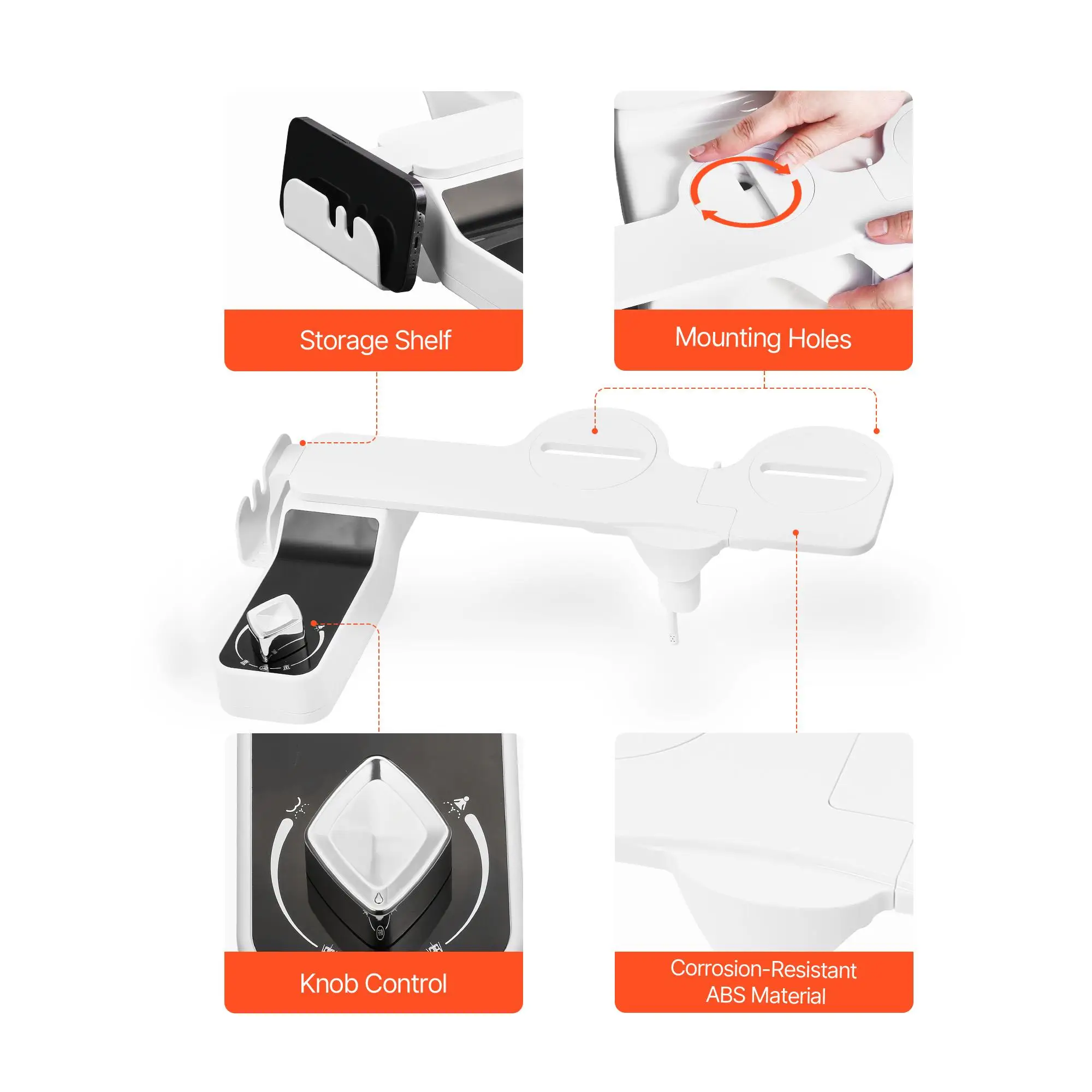 Bidet Attachment for toilet 0.3 Ultra Thin Dual Retractable Nozzles Adjustable Water Pressure Non Electric Cold Water Sprayer for front Rear Wash White