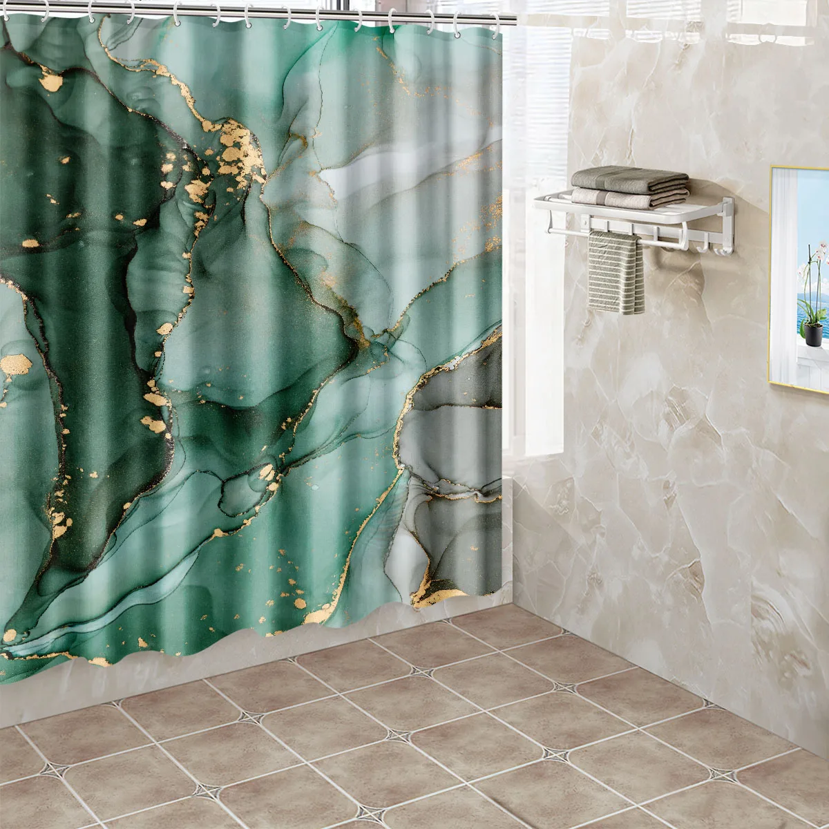 1pc Marble Pattern Shower Curtain Bathroom Partition Decorative Curtain Machine Washable Cyan Marble Window Privacy Curtain