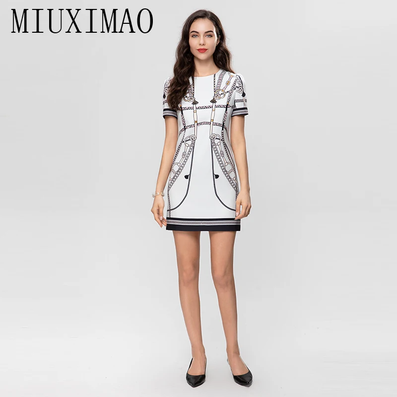 

MIUXIMAO 2023 High Quality Spring&Summer Elegant Diamonds Dress Short Sleeve O-Neck Print Fashion Mini Dress Women Vestides