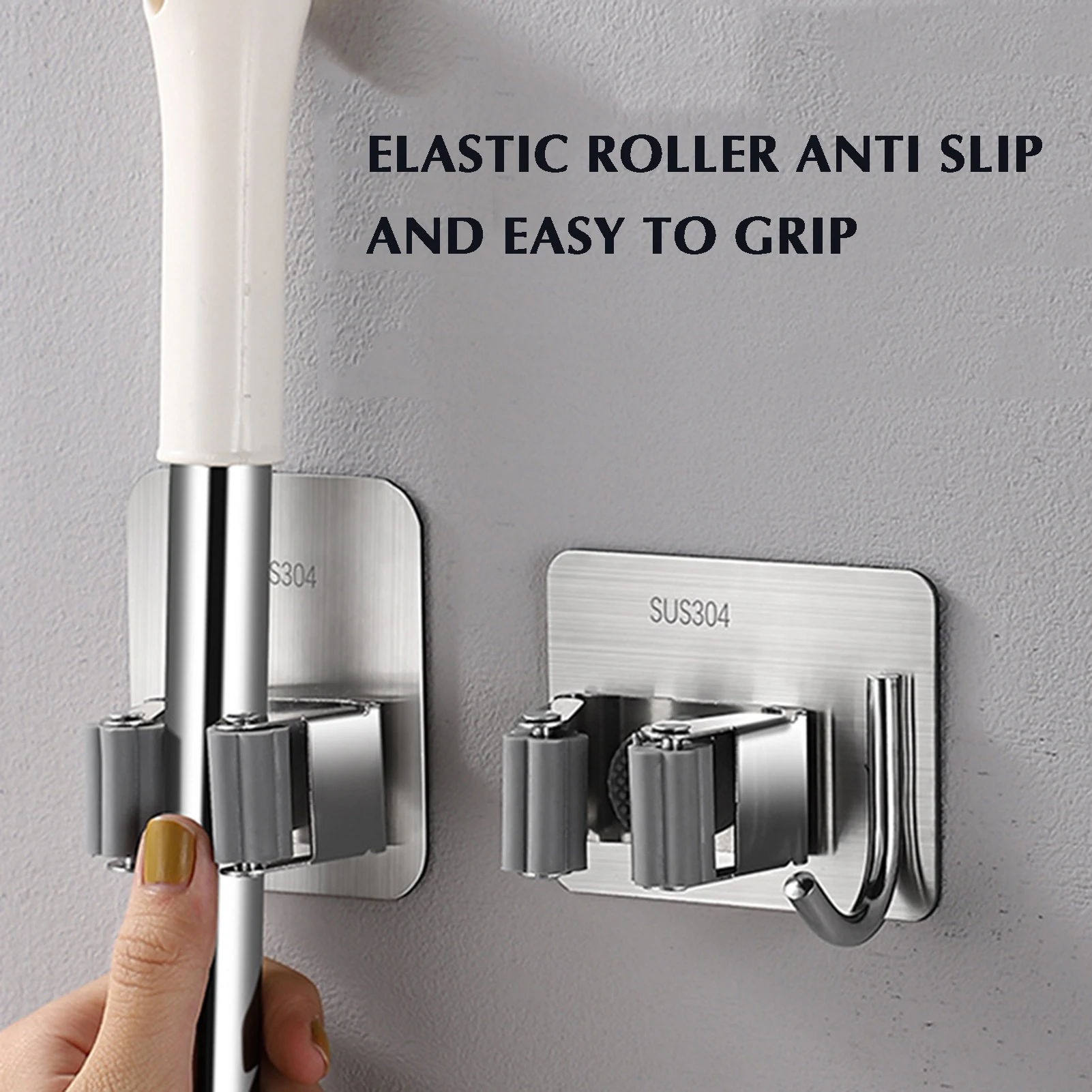 

2PCS Stainless Steel Mop Holder Wall Mounted Self-Adhesive Kitchen Bathroom Waterproof Multi-Purpose Broom Hanger Strong Hook