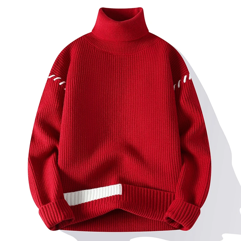 

Men's 2023 Autumn and Winter Pullover High Neck Panel Screw Thread Fashion Solid Color Casual Sweater Knitted Long Sleeved Tops