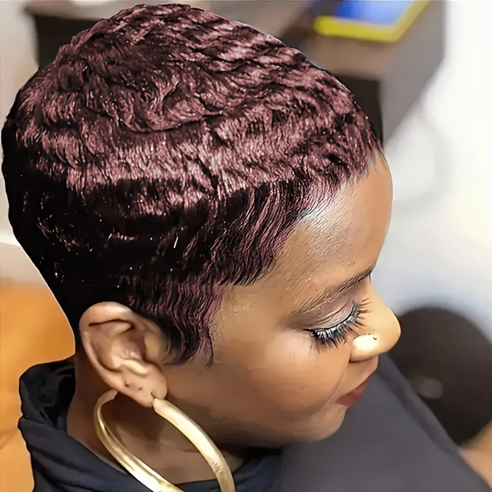 密度150% 4インチ ピクシーカット カールウェーブ 人毛ウィッグ 女性用 フルマシンメイド ウィッグ デイリーユース パーティー用