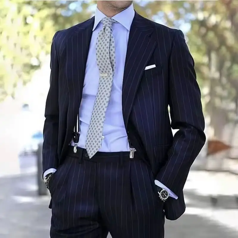 

Latest Navy Blue Striped Suits for Men Slim Fit Business Blazer Formal Groom Wedding Tuxedos Male Suit 2 Piece Trajes de Hombre