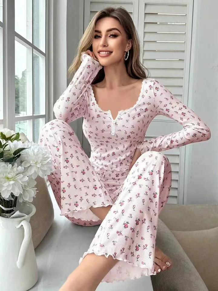 Sleepwear Women Lounge Spring Autumn Pajamas Set Floral Print Lettuce Trim Top with Long Pant Lovely Full Sleeve Nightwear