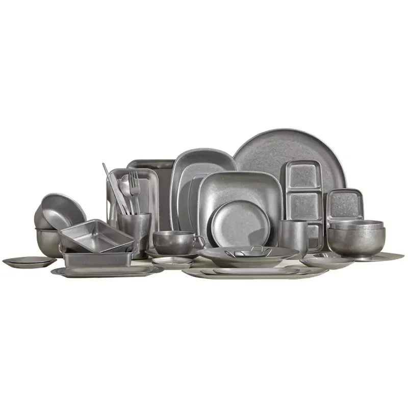for Vintage Style Stainless Steel Plate Outdoor Tableware Dinner Set Camping Picnic Coffee Cup Western Dining Plates
