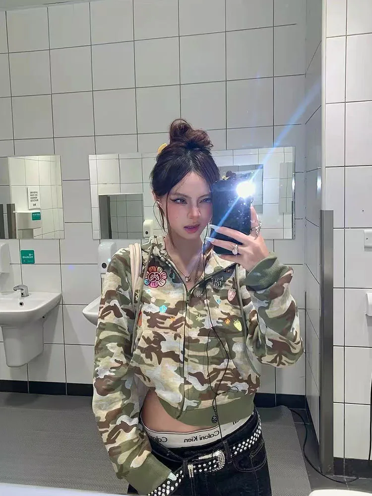 Flowers Embroidered Camouflage Hoodie Autumn Loose Streetwear Crop Jacket Y2K Aesthetics Couple Punk Zipper Sweatshirt New