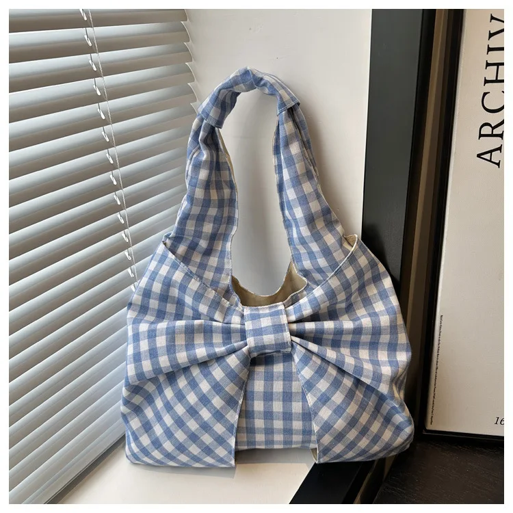 Hanfeng Retro Karierte Weste Rucksack Große Kapazität Einzelschultertasche Leichte Einkaufstasche Vielseitige Leinentasche – Detail 4