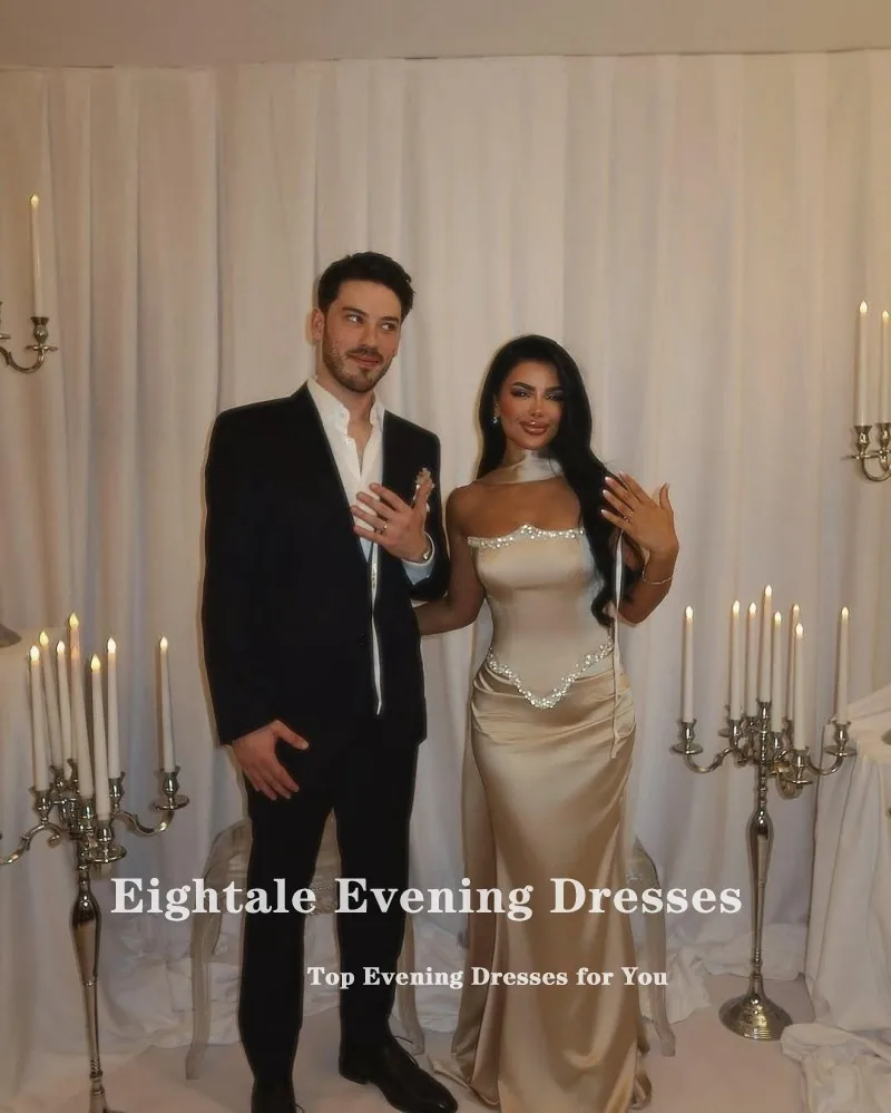 Eightale Arabic Evening Dress Strapless Beaded Customized Floor Length Satin Mermaid Prom Wedding Party Gowns image 2
