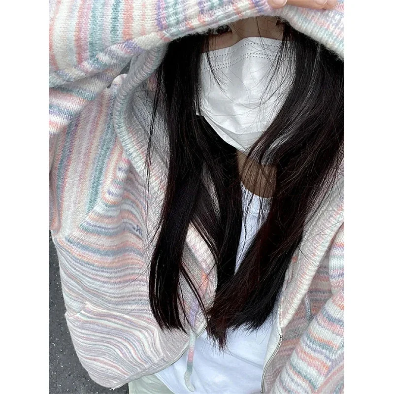 Y2K Striped Knitted Cardigan Women Oversized Hooded Sweater Coat Streetwear Korean Zipper Knitwear Harajuku Sweet Casual Jumper