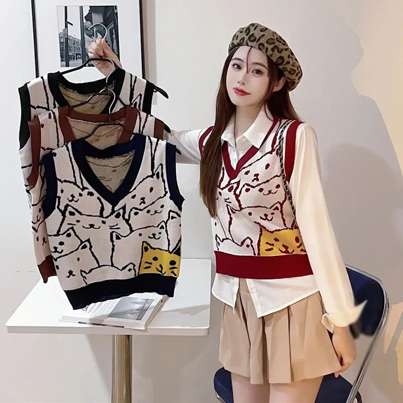 

Осенние вязаные свитера с принтом кота, жилет, женские зимние повседневные пуловеры с v-образным вырезом, уличная одежда в студенческом стиле, вязаный жилет, свитер