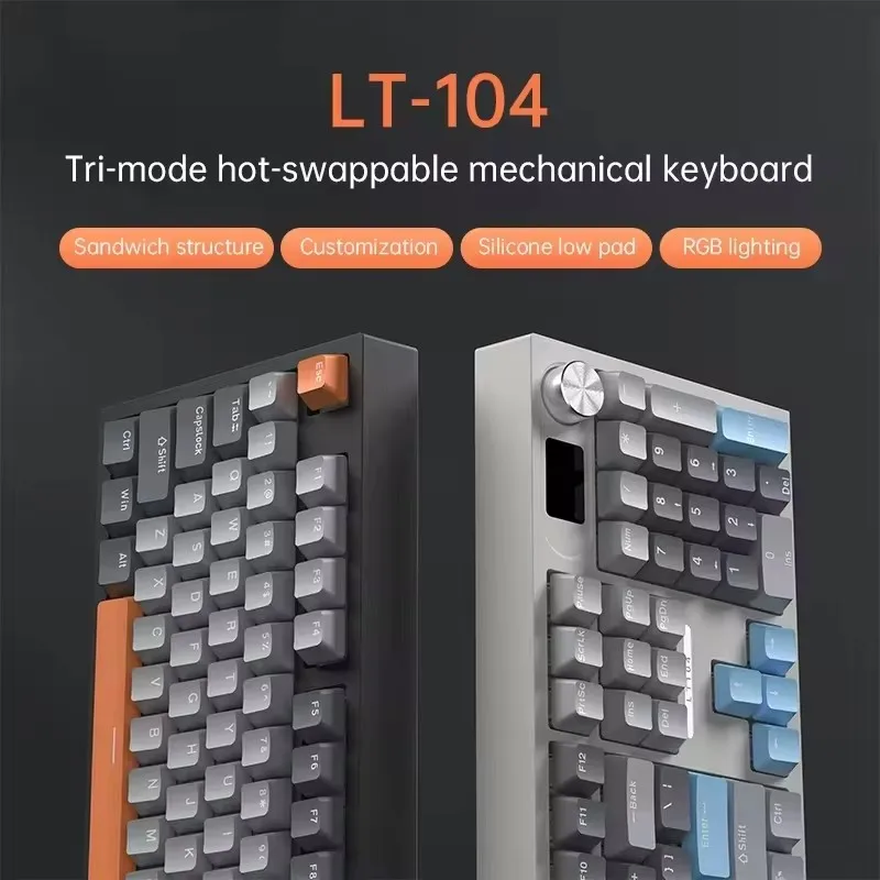 Langtu Lt104 Mechanical Keyboard Bluetooth Wireless Tri-Mode Hot Plug Rgb Backlight Diy Customized Display Game Keyboard