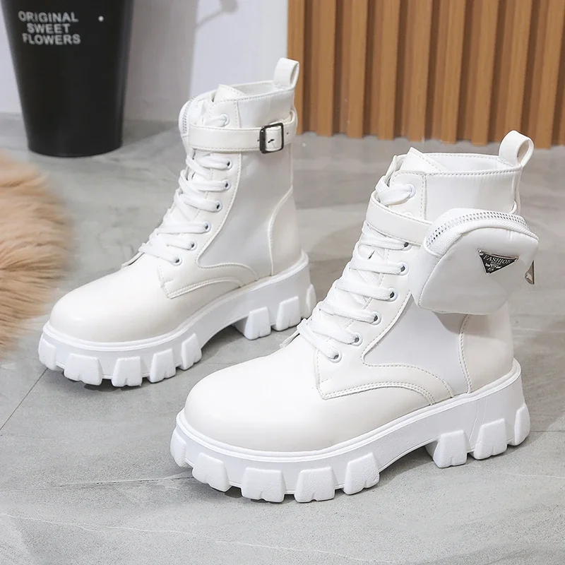 Women Boots New in Motorcycle Ankle Boots Wedges Female Lace Up Platforms White Black Leather Oxford Shoes Women Boots Mujer Bag