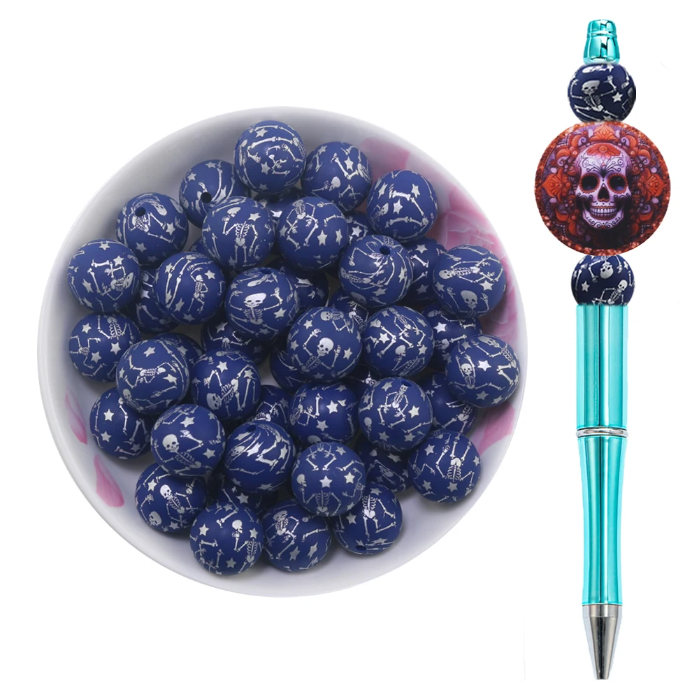 2024 New 10Pcs Halloween Dancing Skull Funny Skeletons Print Silicone Beads Focal Bone Silicon Balls For Pens Making