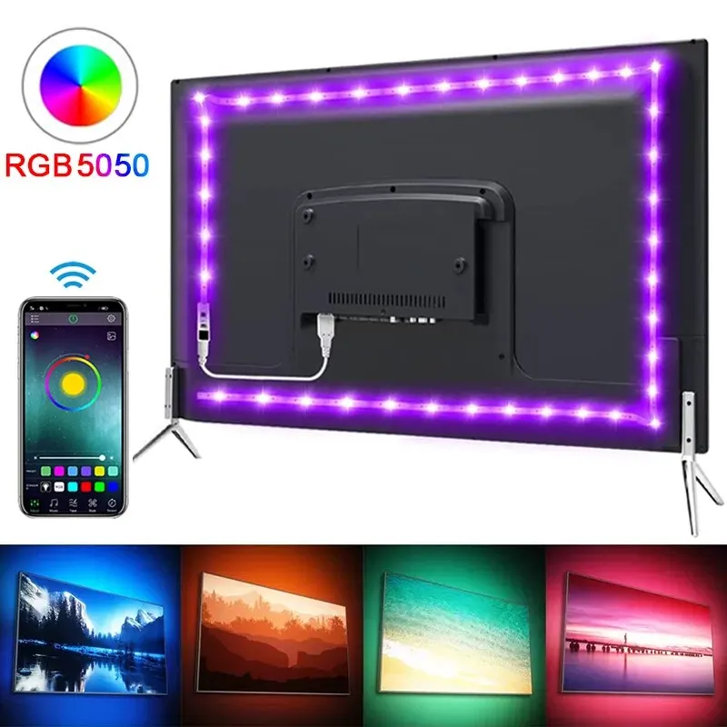 Диодные лампы RGB 5050 для телевизора, управление Bluetooth, 5 В, USB-лента для декора ТВ-зала, 18 светодиодов, черная панель