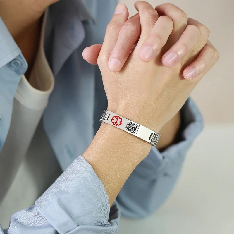 Medical Identification Bracelet SOS Emergency Care Information Storage QR Code Scanning Hip-hop Stainless Steel Elastic Band